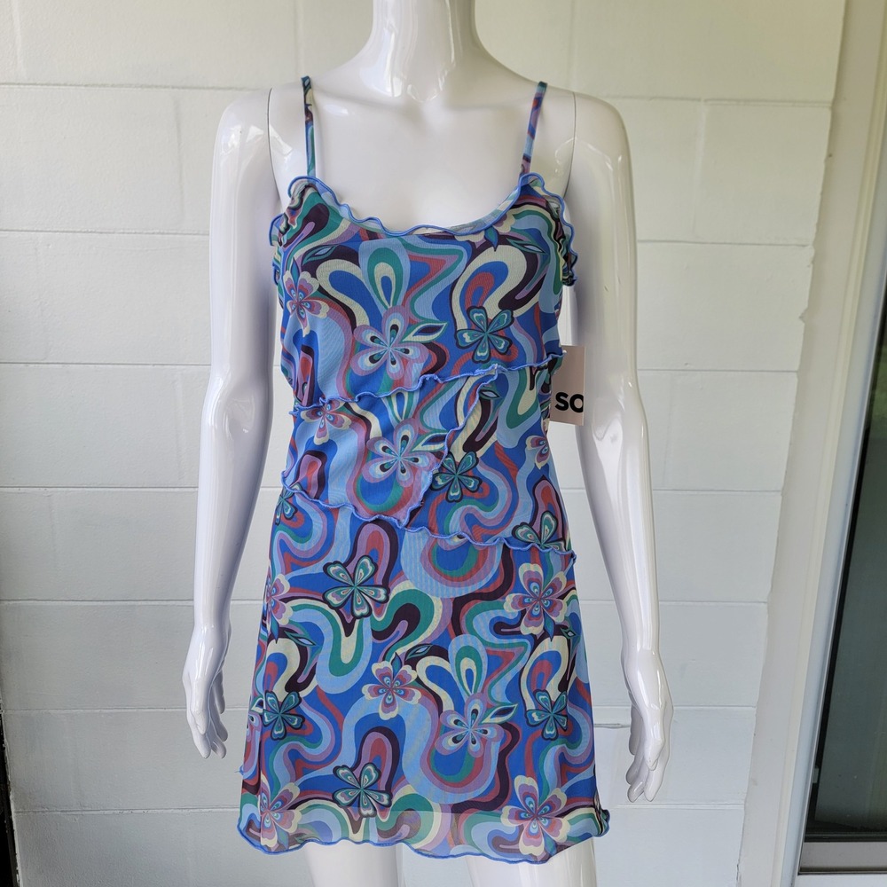 SO Lettuce Edge Fit & Flare Blue Dress Floral Women XS Psychedelic Indie Sleaze